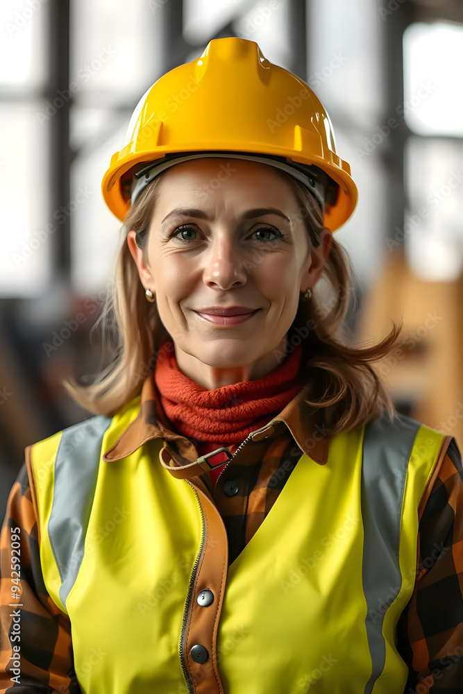 A confident woman wearing a yellow hard hat and safety vest, standing in an industrial setting. She has short, wavy hair and a determined expression, embodying strength and professionalism. A confident woman wearing a yellow hard hat and safety vest, standing in an industrial setting. She has short, wavy hair and a determined expression, embodying strength and professionalism.