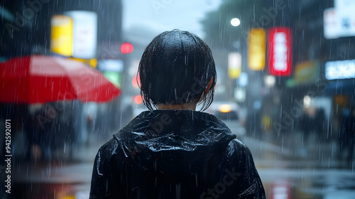 Woman in a black raincoat w...