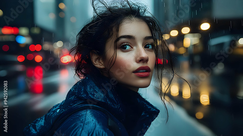 Woman in a blue jacket look...
