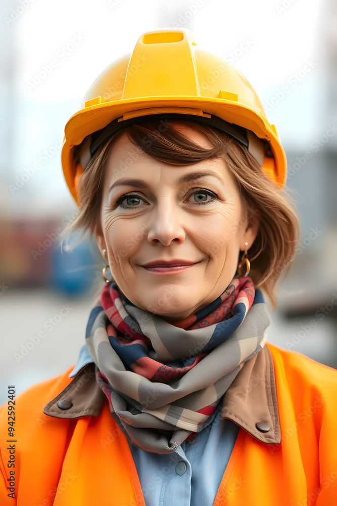 A confident woman wearing a yellow hard hat and safety vest, standing in an industrial setting. She has short, wavy hair and a determined expression, embodying strength and professionalism. A confident woman wearing a yellow hard hat and safety vest, standing in an industrial setting. She has short, wavy hair and a determined expression, embodying strength and professionalism.