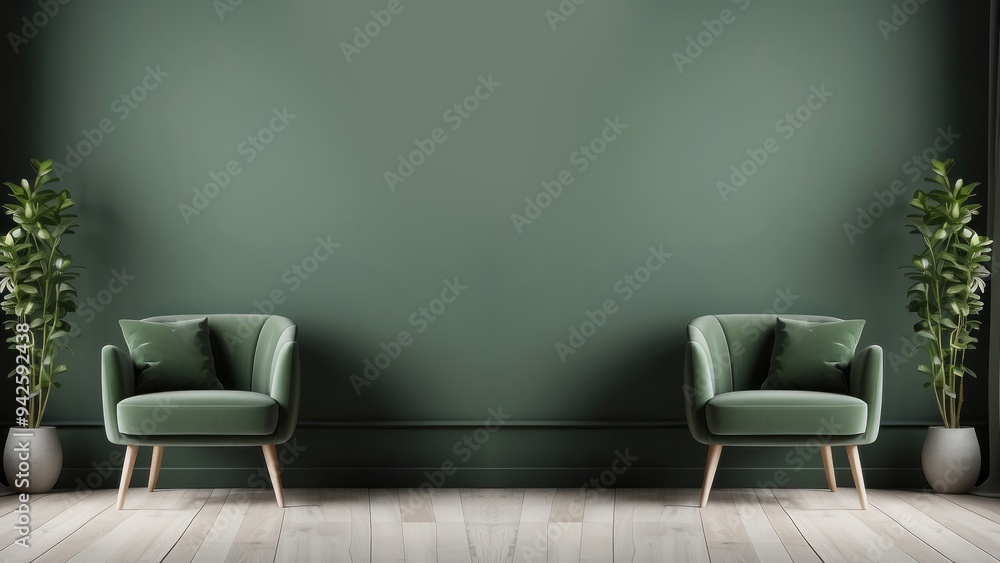 Two Green Armchairs Flanked by Plants in a Room with a Green Wall Two Green Armchairs Flanked by Plants in a Room with a Green Wall