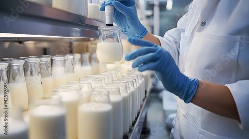 Food scientist testing milk samples of dairy products in the laboratory. Researchers are looking at the stratification of milk. photo