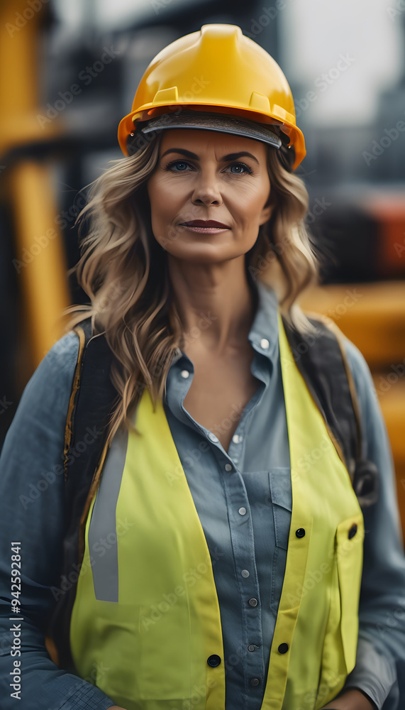 A confident woman wearing a yellow hard hat and safety vest, standing in an industrial setting. She has short, wavy hair and a determined expression, embodying strength and professionalism. A confident woman wearing a yellow hard hat and safety vest, standing in an industrial setting. She has short, wavy hair and a determined expression, embodying strength and professionalism.