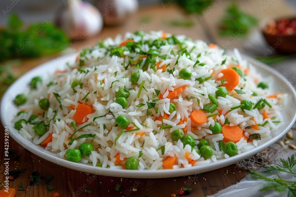 A plate of rice with vegetables, including green peas, carrots, and tomatoes, captured from a side view on a wooden table. A plate of rice with vegetables, including green peas, carrots, and tomatoes, captured from a side view on a wooden table.