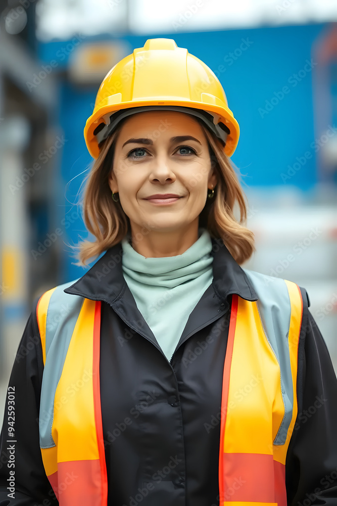 A confident woman wearing a yellow hard hat and safety vest, standing in an industrial setting. She has short, wavy hair and a determined expression, embodying strength and professionalism. A confident woman wearing a yellow hard hat and safety vest, standing in an industrial setting. She has short, wavy hair and a determined expression, embodying strength and professionalism.