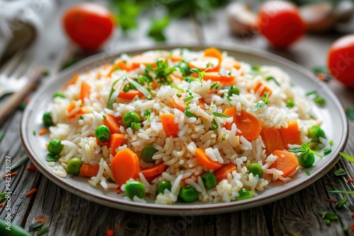 A plate of rice with vegetables, including green peas, carrots, and tomatoes, captured from a side view on a wooden table.