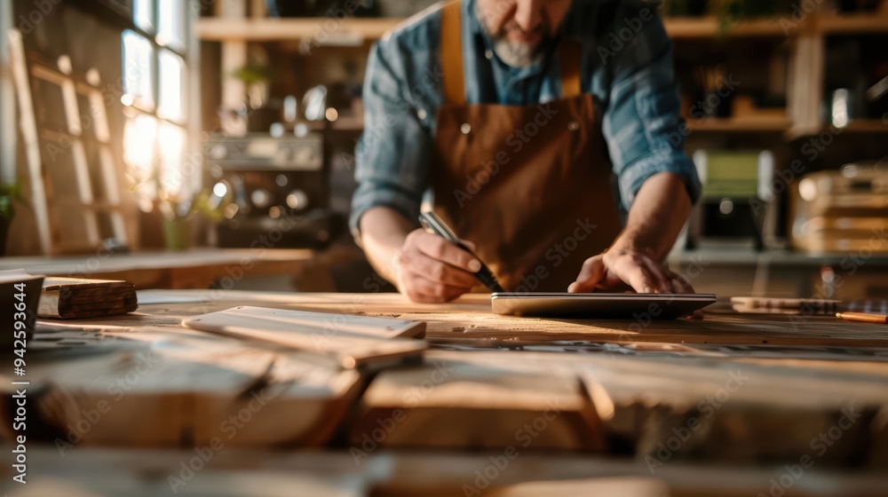 Craftsman Working in Woodshop with Tablet, Designing and Planning Projects in Rustic Workshop Setting Craftsman Working in Woodshop with Tablet, Designing and Planning Projects in Rustic Workshop Setting