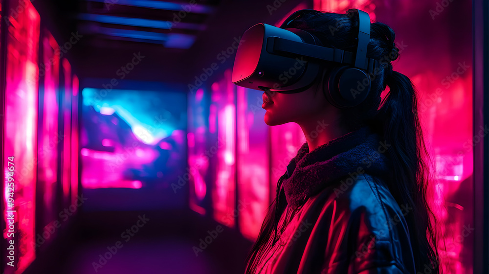 Woman in VR headset looking at glowing pink and blue lights. Woman in VR headset looking at glowing pink and blue lights.