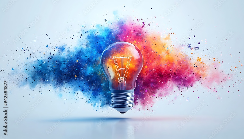 A lightbulb surrounded by an explosion of colorful powder. A lightbulb surrounded by an explosion of colorful powder.