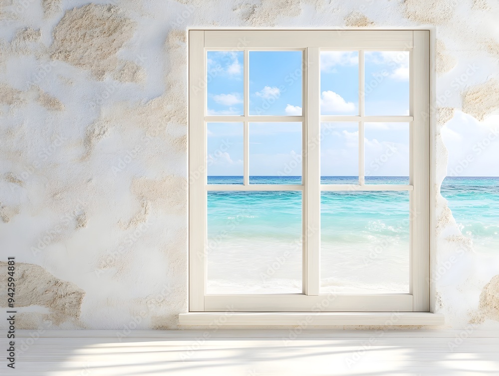 Obraz premium Serene Beach House Ocean View from Window with Sparkling Sunlit Seascape