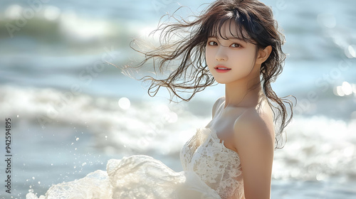 Woman in white dress looks ...