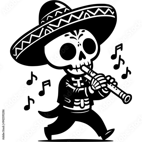 Mexican musician in black suit with skeleton mask on his head walking and playing flute in monochrome. Simple minimalistic vector in black ink drawing on transparent background