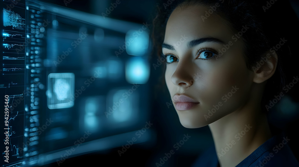 Woman looking at a computer screen with a blue glow. Woman looking at a computer screen with a blue glow.