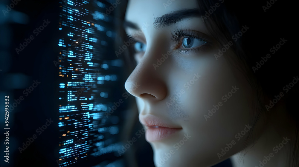 Woman looking intently at a screen of blue glowing code, close-up portrait. Woman looking intently at a screen of blue glowing code, close-up portrait.