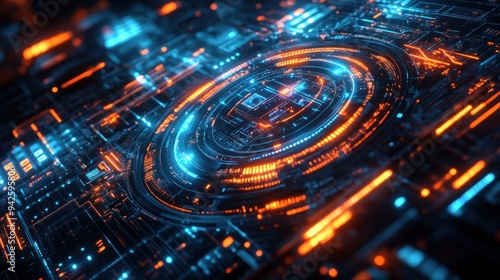 Futuristic Circuitry with Glowing Orange and Blue Lines