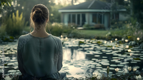 Woman sitting by pond, look...