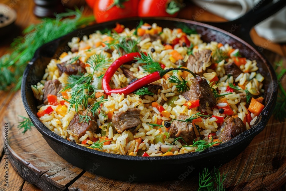Traditional Saudi dish of rice and chicken in a cast iron skillet, surrounded by herbs on a dark wood background, aerial view. Traditional Saudi dish of rice and chicken in a cast iron skillet, surrounded by herbs on a dark wood background, aerial view.