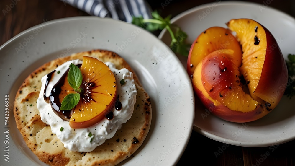 a dish of freshly roasted peaches, pitta slices, and whipped ricotta topped with herbs and a balsamic drizzle.
a dish of freshly roasted peaches, pitta slices, and whipped ricotta topped with herbs and a balsamic drizzle.