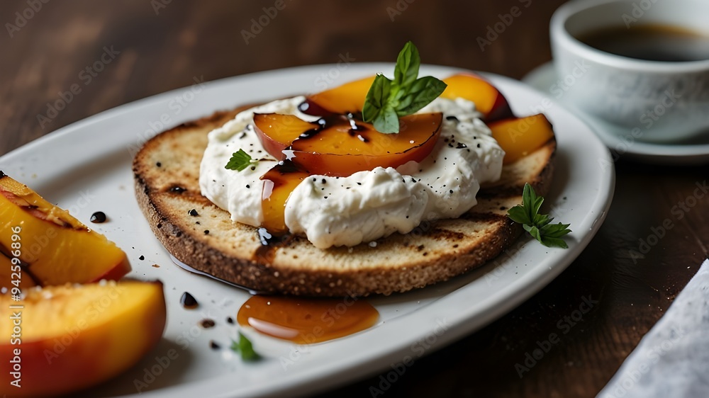 a dish of freshly roasted peaches, pitta slices, and whipped ricotta topped with herbs and a balsamic drizzle.
a dish of freshly roasted peaches, pitta slices, and whipped ricotta topped with herbs and a balsamic drizzle.