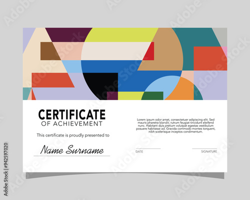 Modern colorful horizontal certificate of appreciation and achievement template with geometric style elements.