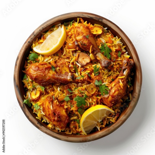 Top-down view of biryani with chicken on a white background, high resolution, detailed photography.