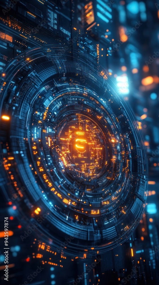 Abstract Futuristic Technology Interface with Glowing Orange and Blue Lights Abstract Futuristic Technology Interface with Glowing Orange and Blue Lights