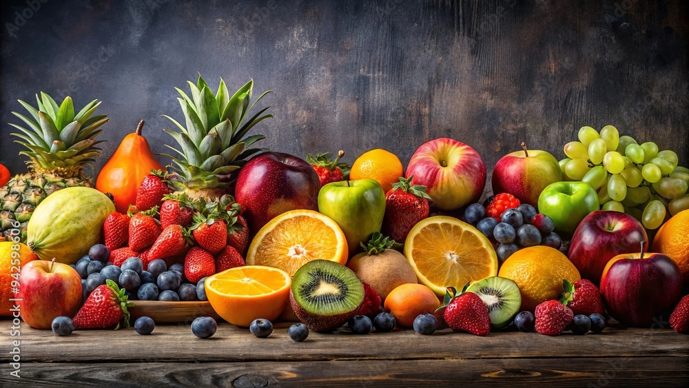 Assorted fruits meticulously lined up in a captivating studio scene Assorted fruits meticulously lined up in a captivating studio scene