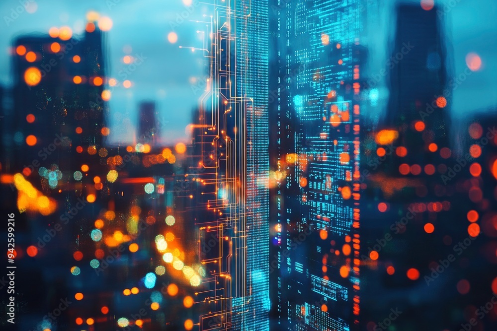 Obraz premium Creative bitcoin circuit hologram on blurry city backdrop. Cyber hologram concept. Double exposure, ai