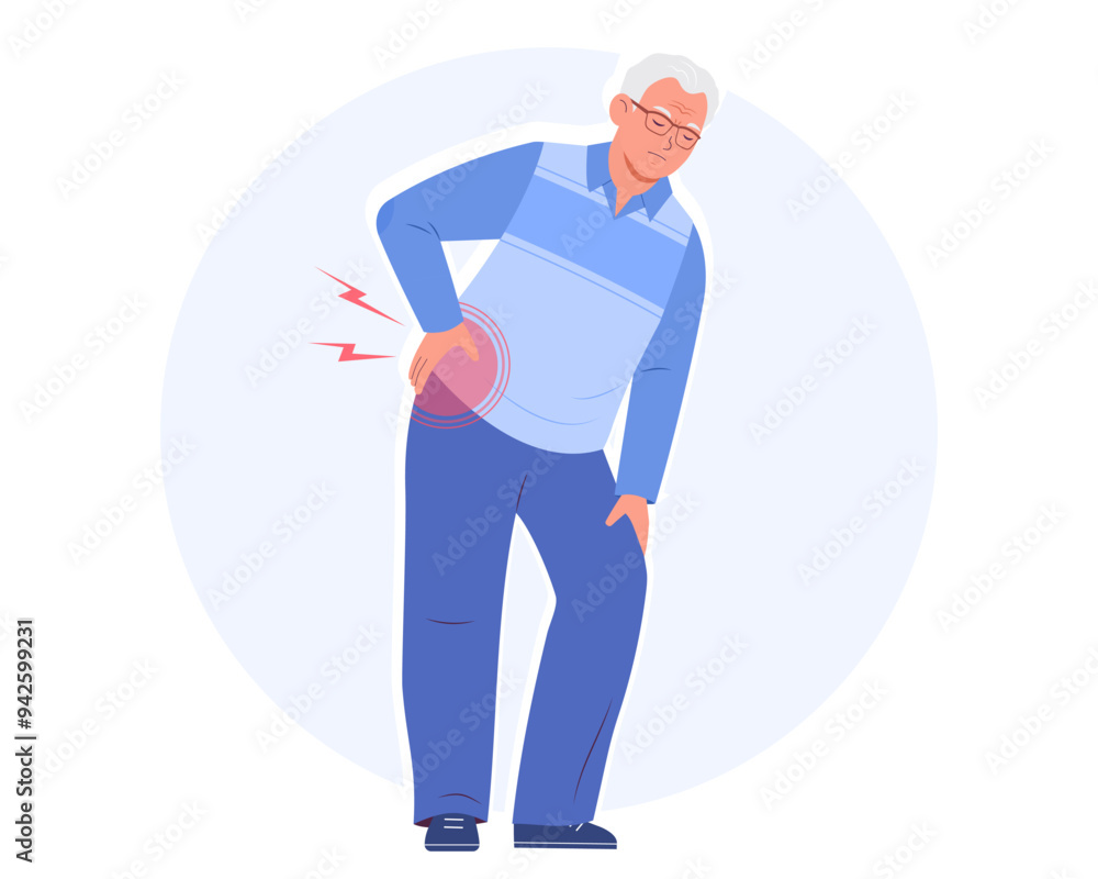 Elderly man, with back pain. Problems with lumbar. Senior man feel pain. Flat vector illustration Elderly man, with back pain. Problems with lumbar. Senior man feel pain. Flat vector illustration