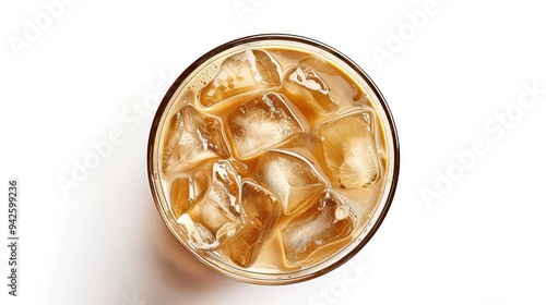 Overhead view of a glass of iced tea with ice cubes.