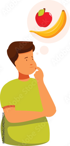 Thoughtful boy deciding what to eat between an apple and a banana, making healthy choices and weight loss concept