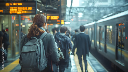 Woman with backpack waiting for train at platform.