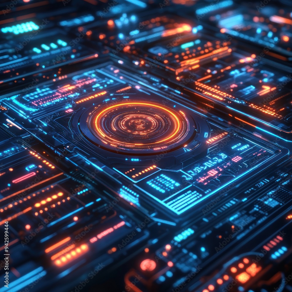 Futuristic Interface with Glowing Orange and Blue Lights Futuristic Interface with Glowing Orange and Blue Lights