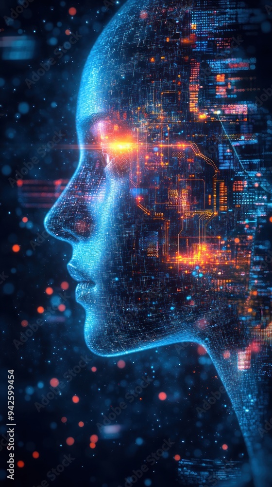 Digital Portrait of a Humanoid with Circuitry and Data