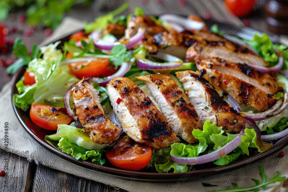 Sliced grilled chicken with salad on a black plate against a wooden background; fresh vegetables and greens arranged beautifully. Sliced grilled chicken with salad on a black plate against a wooden background; fresh vegetables and greens arranged beautifully.