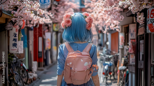 Woman with blue hair and fl...