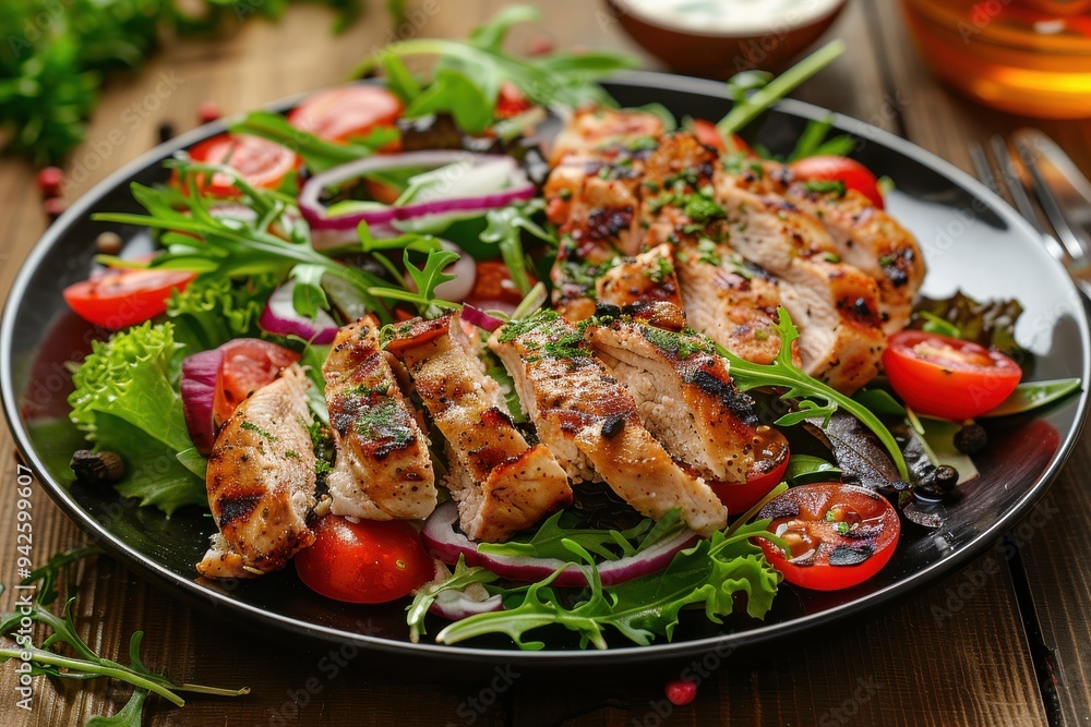 Sliced grilled chicken with salad on a black plate against a wooden background; fresh vegetables and greens arranged beautifully. Sliced grilled chicken with salad on a black plate against a wooden background; fresh vegetables and greens arranged beautifully.
