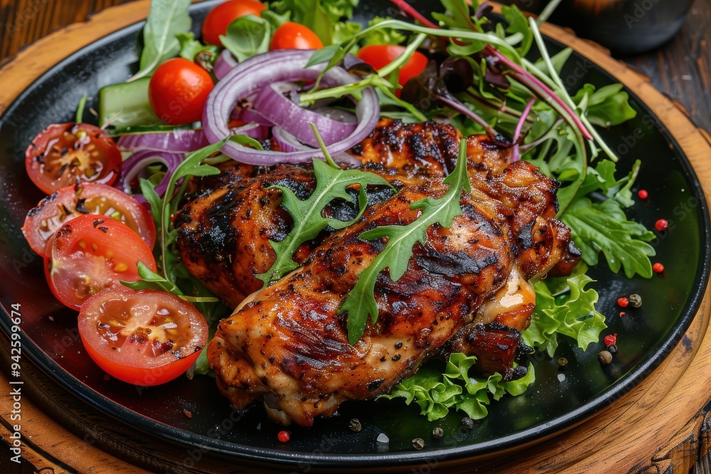 Sliced grilled chicken with salad on a black plate against a wooden background; fresh vegetables and greens arranged beautifully. Sliced grilled chicken with salad on a black plate against a wooden background; fresh vegetables and greens arranged beautifully.