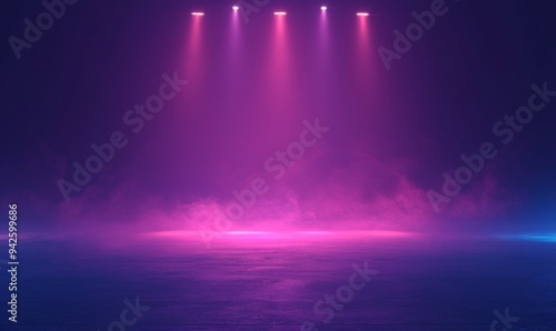 Atmospheric Nightclub Stage: Empty Dark Performance Space with Neon Lights and Floating Smoke. Abstract Backdrop for Product Showcases, Party Promotions, and Event Marketing. Minimalist Elegant Design