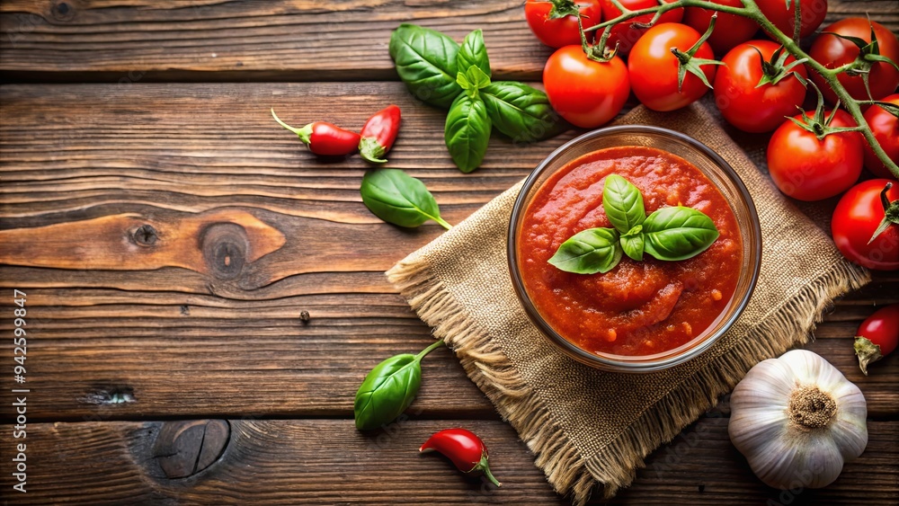 Homemade tomato sauce with fresh basil and garlic on a rustic wooden table Homemade tomato sauce with fresh basil and garlic on a rustic wooden table