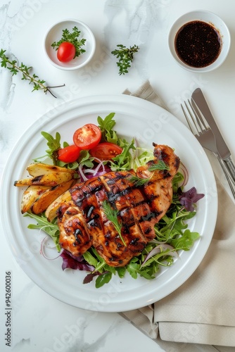 Realistic top-view photo of grilled chicken, salad, and vegetables on a white plate with a tablecloth, fork, knife, and black pepper sauce.