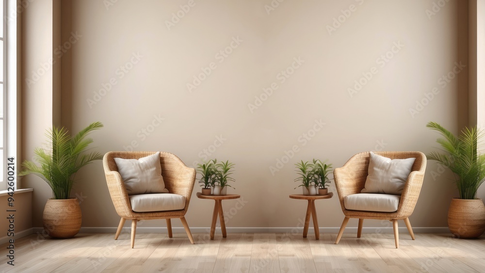Two Wicker Armchairs with Cushions in a Living Room Setting Two Wicker Armchairs with Cushions in a Living Room Setting