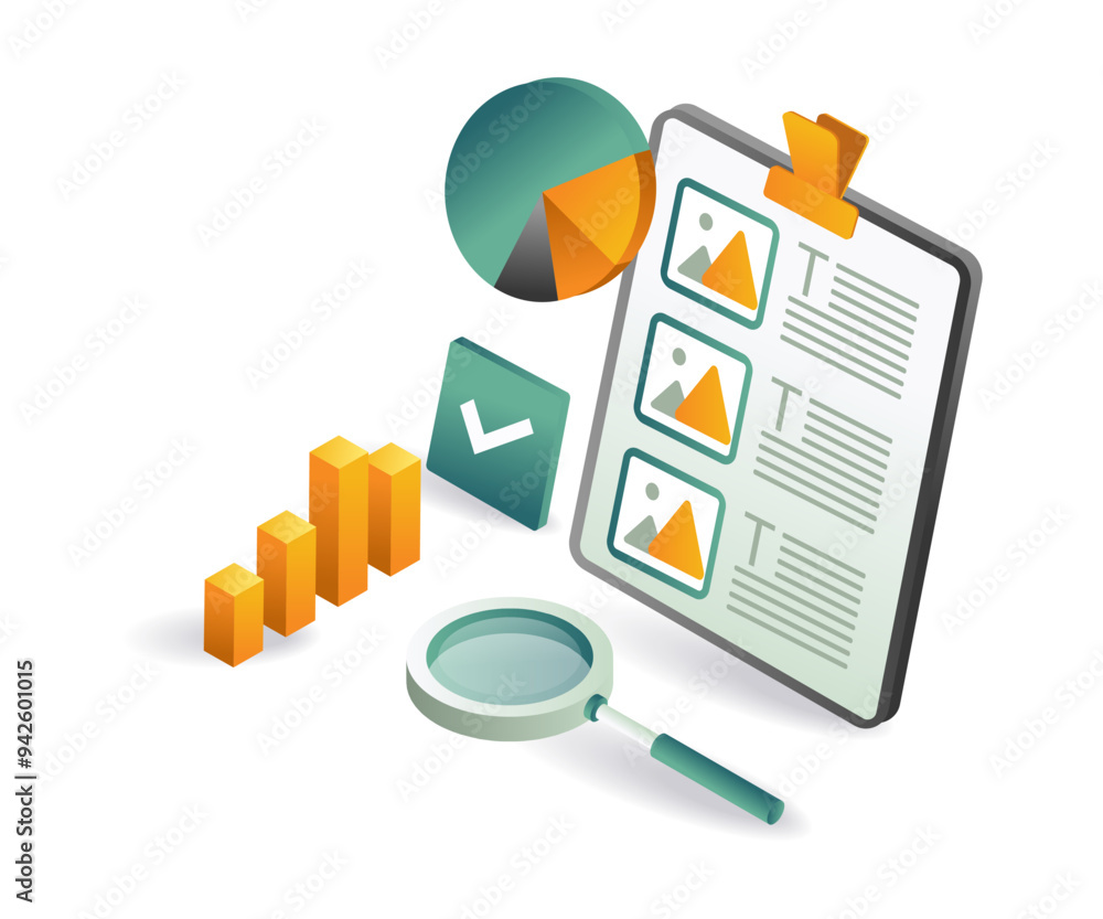 A clipboard with a magnifying glass and a chart, perfect for analyzing data and conducting research A clipboard with a magnifying glass and a chart, perfect for analyzing data and conducting research
