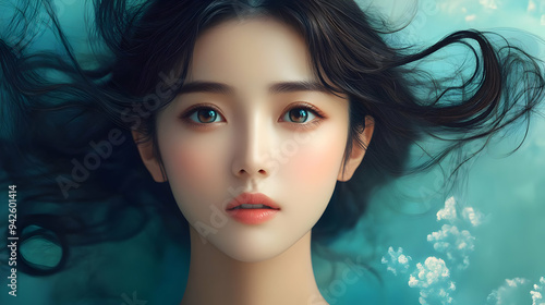 Woman with long black hair ...