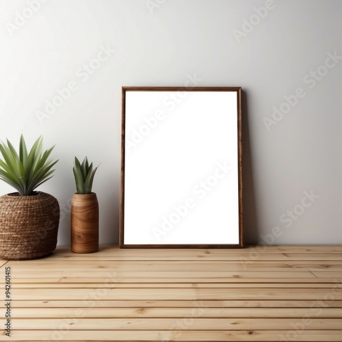 Empty Picture Frame on Wooden Tabletop with Two Plants