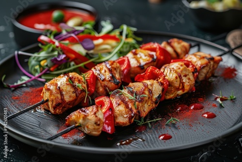 Grilled chicken shish kebab with red peppers on a black plate, perfect for food magazine stock photography.