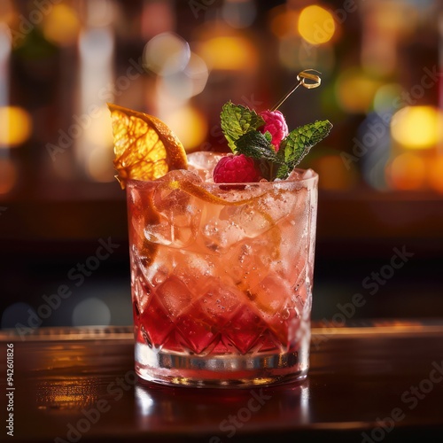 A vibrant raspberry orange cocktail garnished with mint and dried lemon, served in a short rocks glass, resting on a polished wooden bartop.