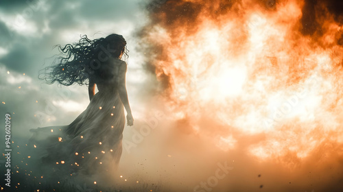 Woman with long dark hair i...