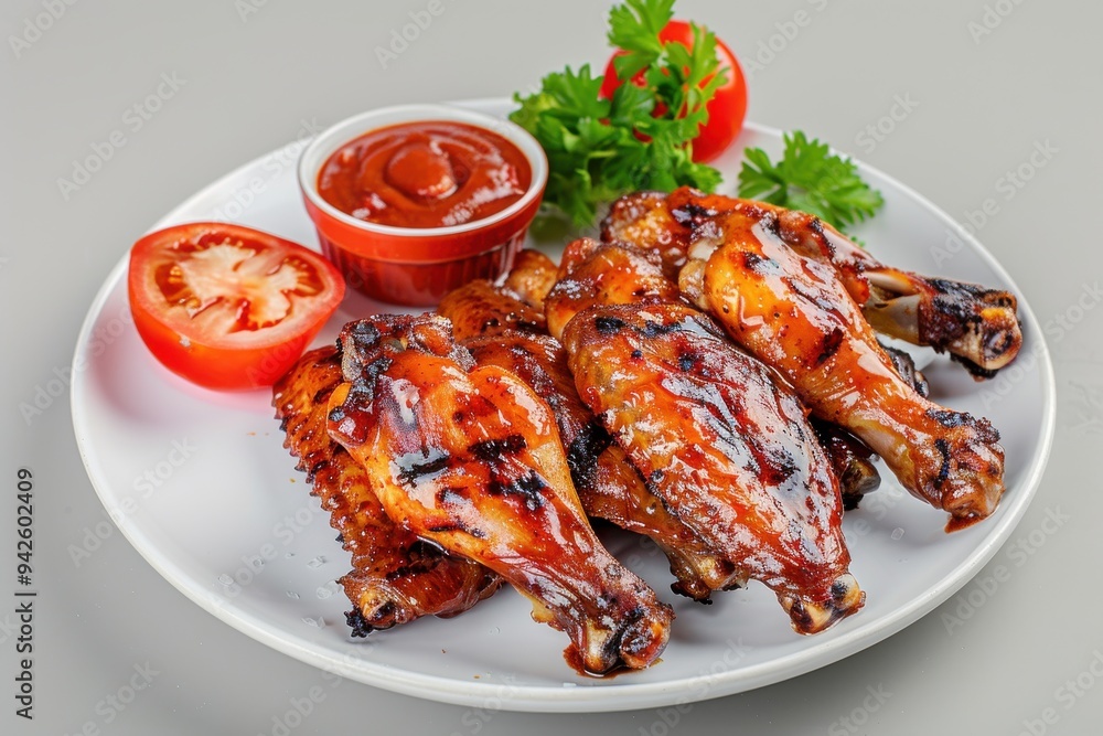 Top view of grilled chicken wings with tomato sauce on a white plate, isolated on wooden background. Top view of grilled chicken wings with tomato sauce on a white plate, isolated on wooden background.