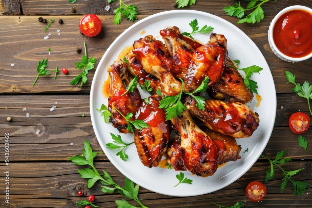 Top view of grilled chicken wings with tomato sauce on a white plate, isolated on wooden background. Top view of grilled chicken wings with tomato sauce on a white plate, isolated on wooden background.